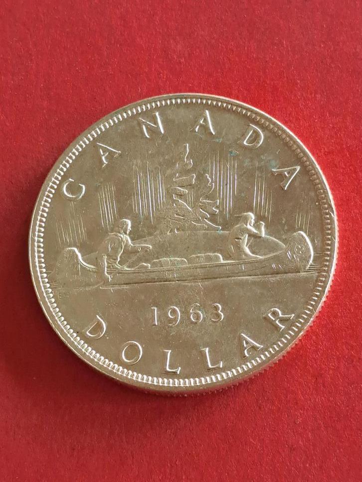 1963 Canada 1 dollar in zilver met kano Elisabeth II, Postzegels en Munten, Munten | Amerika, Losse munt, Noord-Amerika, Zilver
