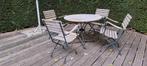 Mooie tuinset teak en ijzer - 4 stoelen, Ophalen, 4 zitplaatsen, Gebruikt, Eettafel