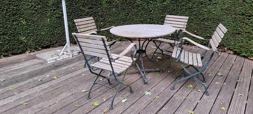 Mooie tuinset teak en ijzer - 4 stoelen, Tuin en Terras, Tuinsets en Loungesets, Gebruikt, Tuinset, Teakhout, 4 zitplaatsen, Eettafel