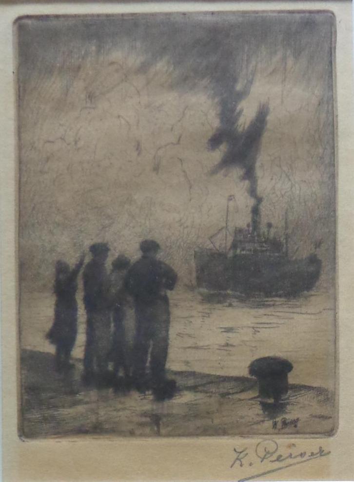 KURT PEISER / RETOUR DE PECHE / ZW-W ETS / 23x19cm / KADER, Antiek en Kunst, Kunst | Etsen en Gravures, Ophalen of Verzenden