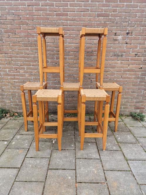 7 prachtige licht eiken/rotan vintage jaren 70 barkrukken, Huis en Inrichting, Barkrukken, Zo goed als nieuw, 60 tot 90 cm, Hout