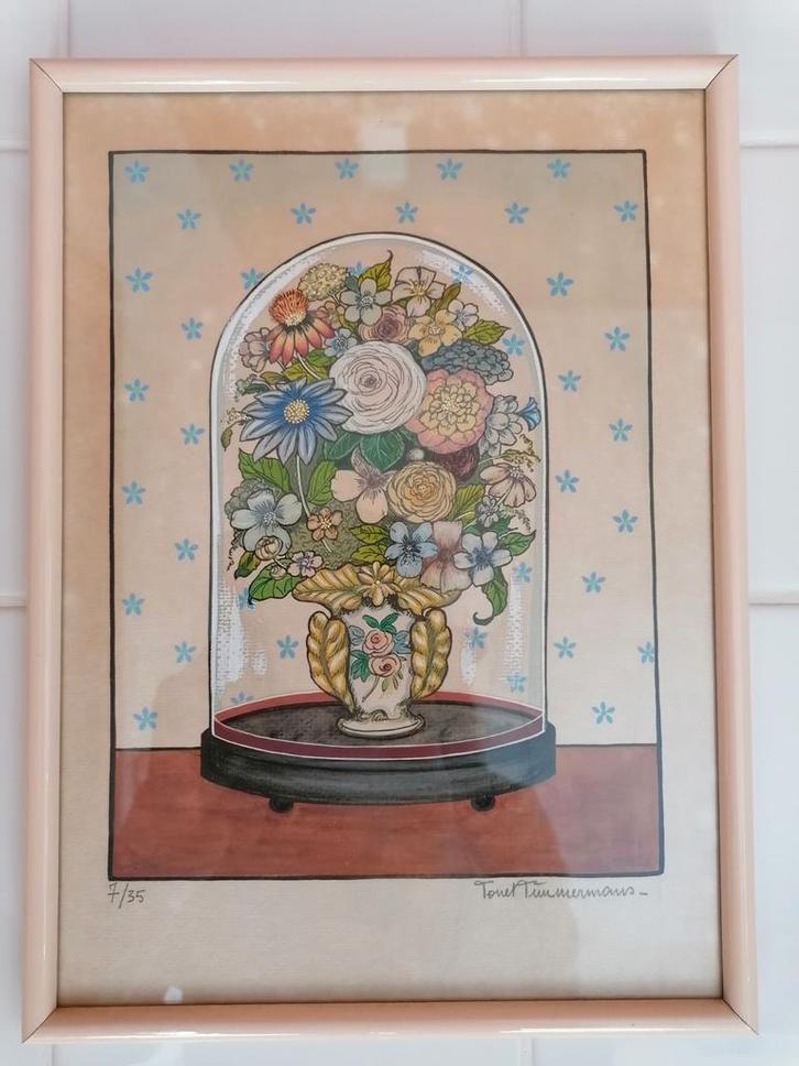 Schilderij Tonet Timmermans Bloemen onder stolp, Antiek en Kunst, Kunst | Schilderijen | Klassiek, Ophalen