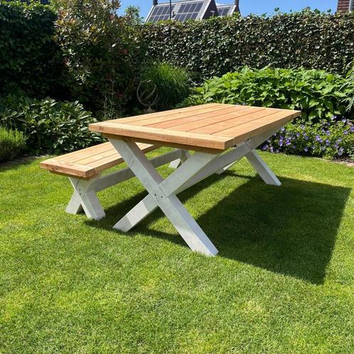 Douglashout - Tuintafels - Wit Onderstel, Tuin en Terras, Tuintafels, Nieuw, Rechthoekig, Hout, Ophalen of Verzenden