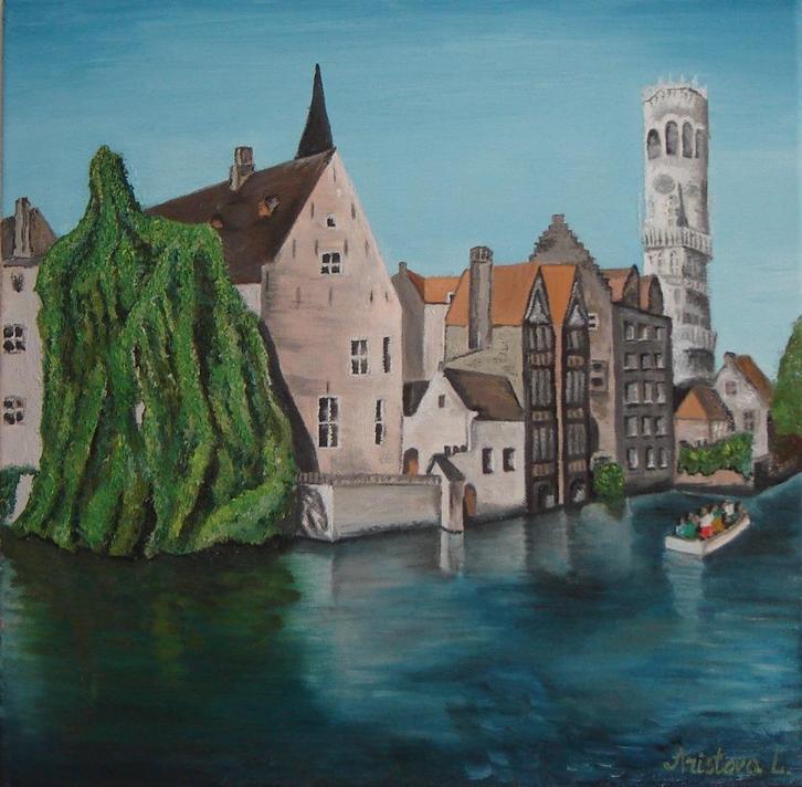olieschilderij Brugge (40x40cm), Antiek en Kunst, Kunst | Schilderijen | Klassiek, Ophalen of Verzenden