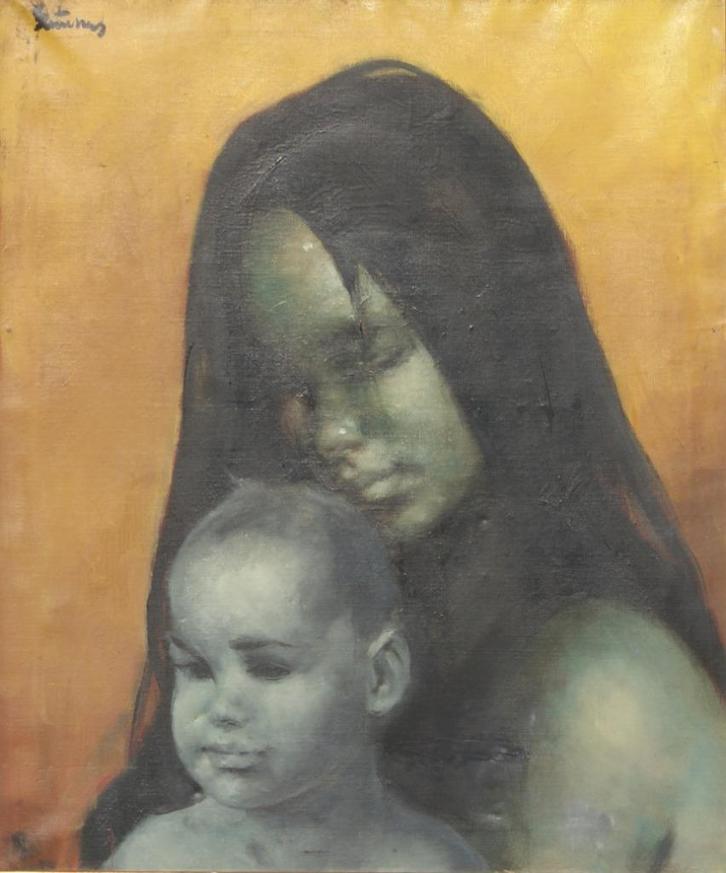 Victor Quiénen (1918-1983): Moeder en kind (O/D, 61 x 71 cm), Antiek en Kunst, Kunst | Schilderijen | Klassiek, Ophalen of Verzenden