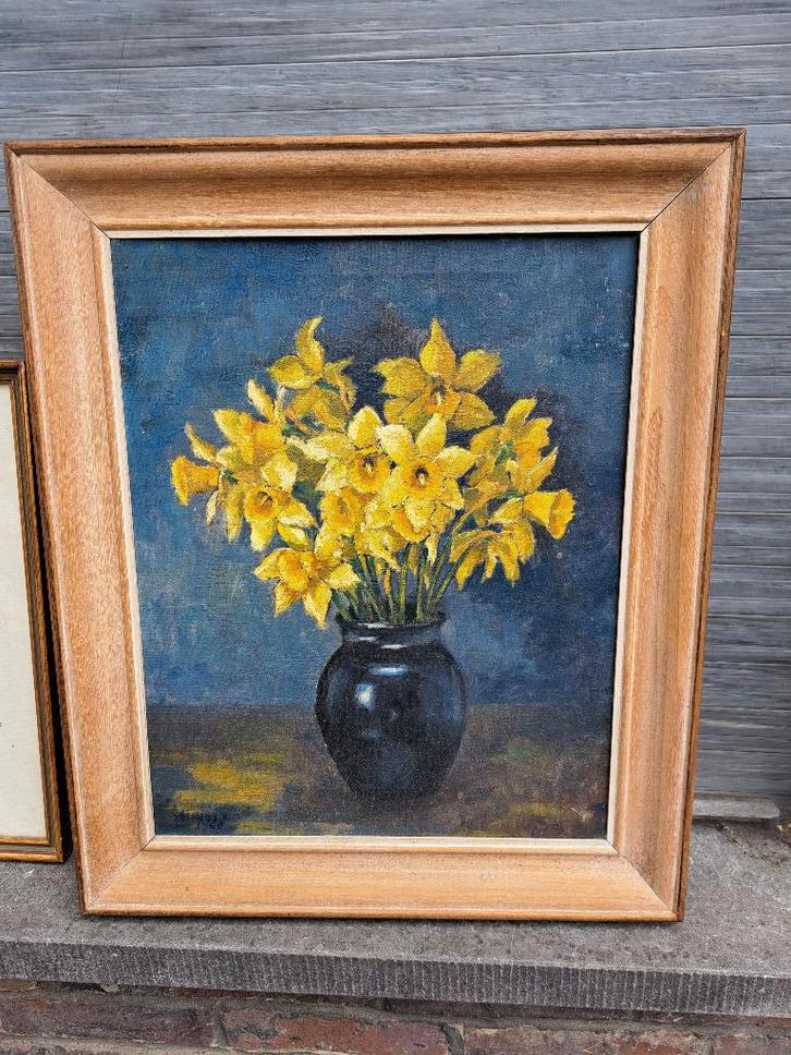 Huile sur toile fleur signe, Antiek en Kunst, Kunst | Schilderijen | Klassiek, Ophalen of Verzenden