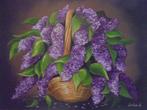panier de peinture à l'huile avec fleurs lilas (60x80), Antiquités & Art, Enlèvement ou Envoi