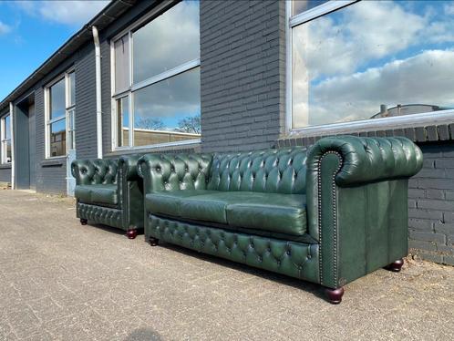 Chesterfield 3+2 zit zetsels antiek groen GRATIS GELEVERD, Huis en Inrichting, Zetels | Voetbanken en poefs, Leer, Ophalen of Verzenden