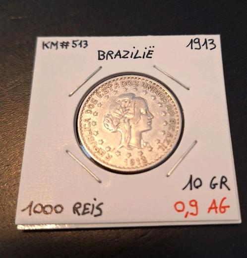 Brazilië 1000 Reis 1913, Postzegels en Munten, Munten | Amerika, Losse munt, Zuid-Amerika, Zilver, Ophalen of Verzenden