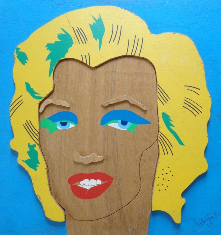 PIETER CELIE / MARILYN MONROE / ASSEMBLAGE HOUT / 60x60cm, Antiquités & Art, Art | Peinture | Moderne, Enlèvement ou Envoi
