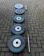 155kg Crossmaxx Competition Bumperplates + Crossmaxx Barbell, Sport en Fitness, Ophalen, Gebruikt, Halterschijven
