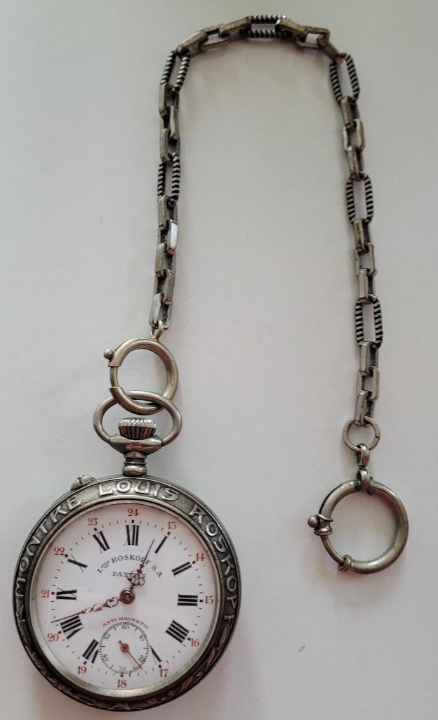 Antiek LOUIS ROSKOPF - SPOORWEGHORLOGE in goede staat., Handtassen en Accessoires, Horloges | Antiek, Zakhorloge, Met ketting