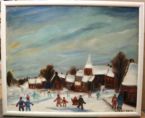 Alfons VERMEIR, winterpret in het dorp, Antiek en Kunst, Kunst | Schilderijen | Klassiek, Ophalen