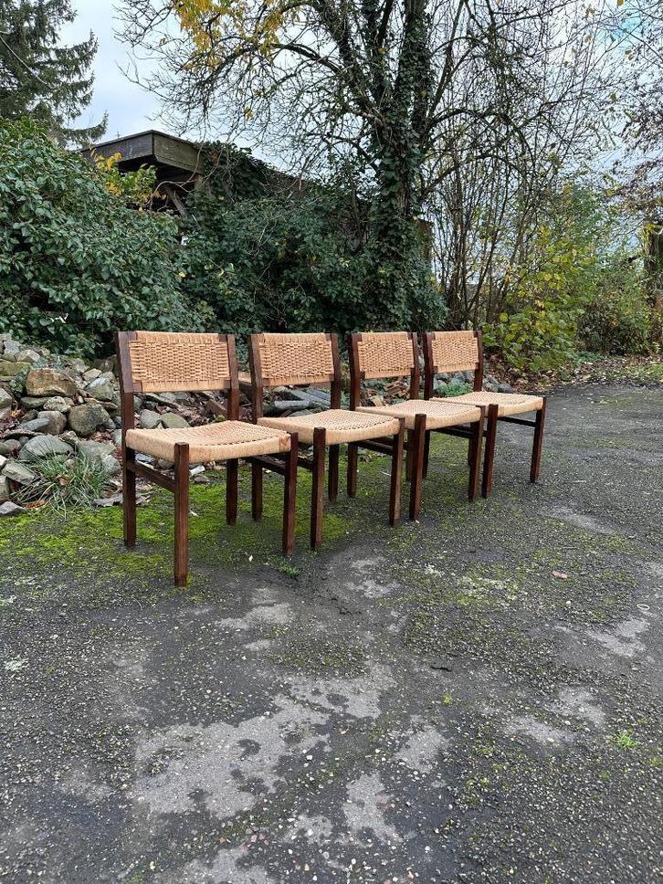 4 Eetkamerstoelen mid-century papercord Arnold merckx, Antiek en Kunst, Antiek | Meubels | Stoelen en Sofa's, Ophalen