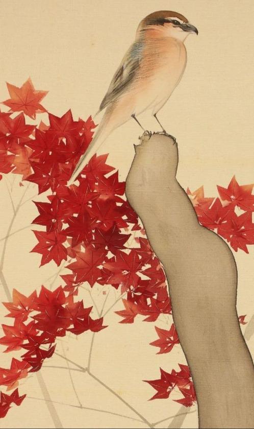 Peinture sur rouleau - Pie-grièche en automne - Umemura Soke, Antiquités & Art, Art | Art non-occidental, Enlèvement ou Envoi