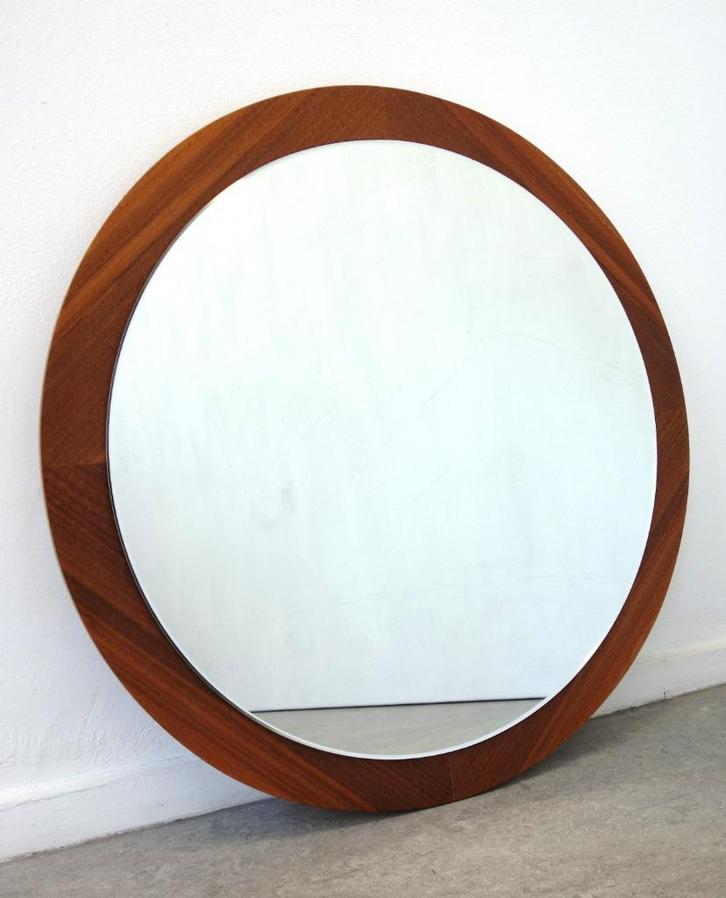 Vintage XXL Deens design teakhouten spiegel wandspiegel rond, Huis en Inrichting, Woonaccessoires | Spiegels, Gebruikt, 50 tot 75 cm
