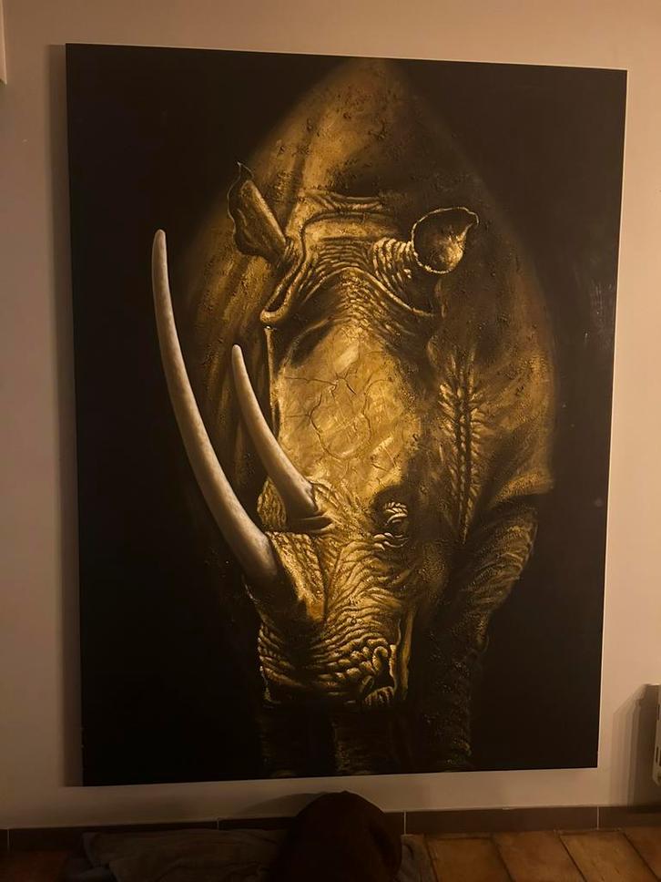Te koop: Groot canvas schilderij goud/zwart neushoorn, Huis en Inrichting, Woonaccessoires | Schilderijen, Tekeningen en Foto's