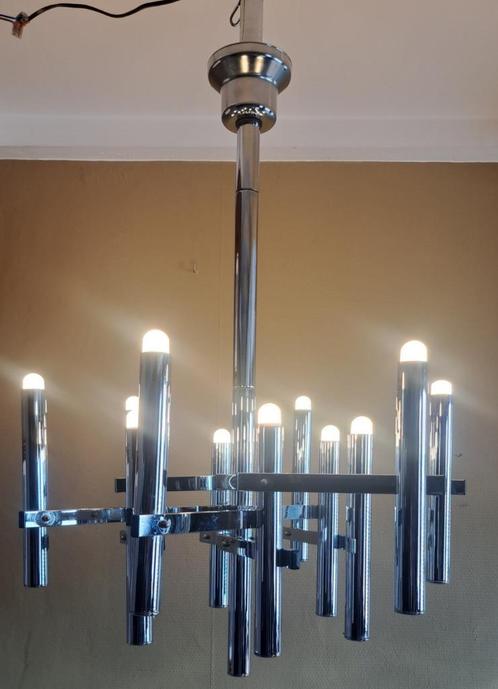 Gaetano Sciolari kroonluchter, jaren 70, Huis en Inrichting, Lampen | Vloerlampen, Zo goed als nieuw, Glas, Metaal, Ophalen
