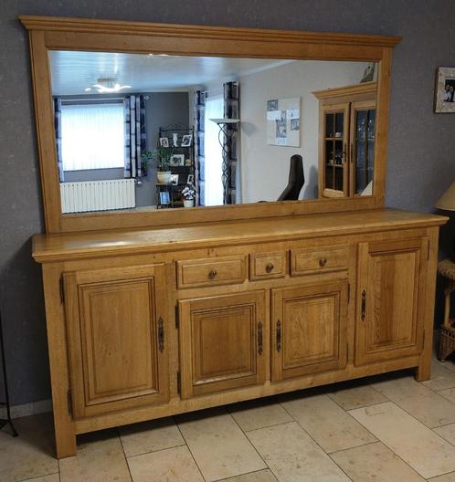 Grand buffet en chêne clair massif avec miroir - Vintage, Huis en Inrichting, Kasten | Buffetkasten, Gebruikt, 200 cm of meer