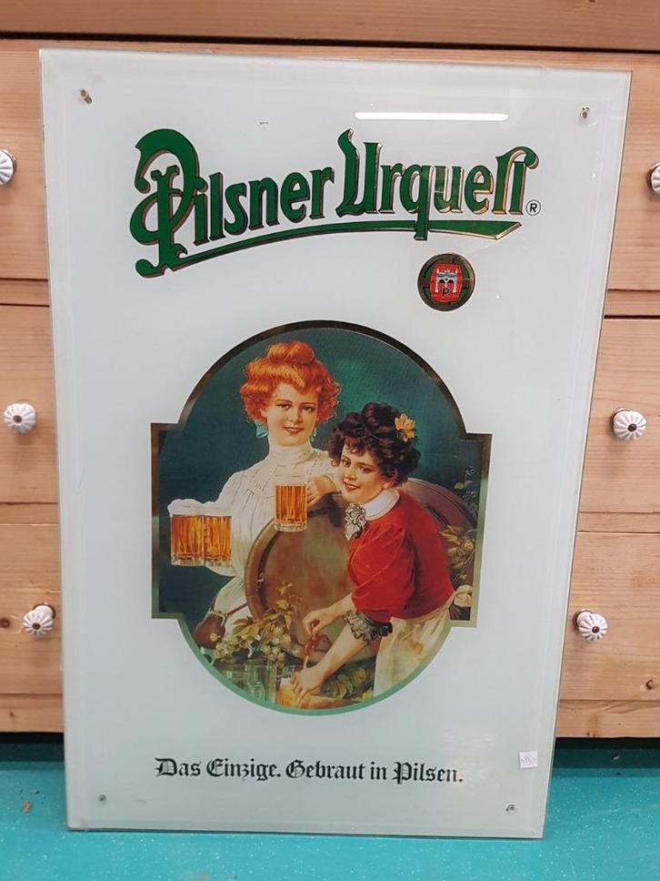 Bierreclame Pilsner Urquell op een facet geslepen glasplaat., Verzamelen, Merken en Reclamevoorwerpen, Gebruikt, Reclamebord, Ophalen