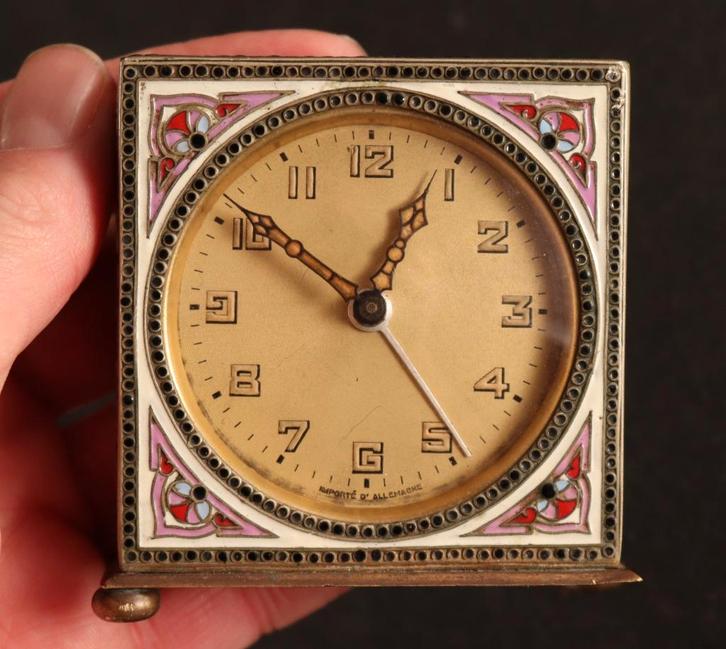 Antiek geëmailleerd klokje met wekker, Antiek en Kunst, Antiek | Klokken, Ophalen of Verzenden