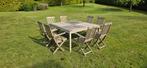 table de jardin en teck + 8 chaises pliantes avec accoudoir, Tuin en Terras, Tuintafels, Gebruikt, Hout, Ophalen, Vierkant