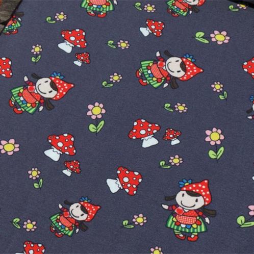 Promo! 414)150x50cm Katoenen tricot meisje met paddestoelen, Hobby en Vrije tijd, Stoffen en Lappen, Nieuw, Katoen, 120 cm of meer