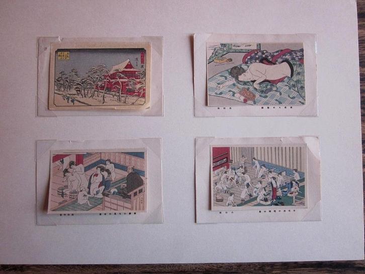 Lot x 4 gravures couleurs Japon anciennes signées, Antiek en Kunst, Kunst | Etsen en Gravures, Ophalen of Verzenden