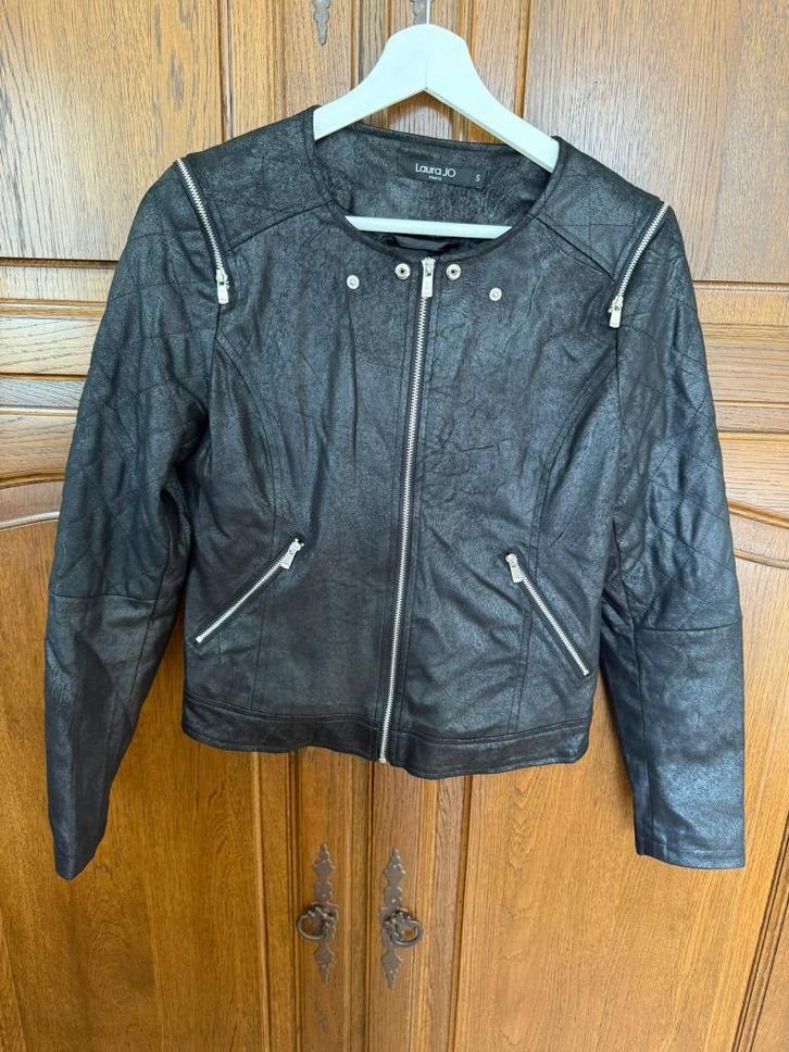 Laura Jo zwarte jas met leereffect - Maat S, Kleding | Dames, Jassen | Zomer, Zo goed als nieuw, Maat 36 (S), Zwart, Ophalen of Verzenden