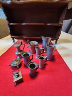 tinnen potjes in miniatuur, op houten rekje, Antiek en Kunst, Ophalen