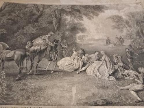 Gravure ancienne rendez vous  de chasse A.Watteau, Antiek en Kunst, Kunst | Tekeningen en Fotografie, Ophalen of Verzenden