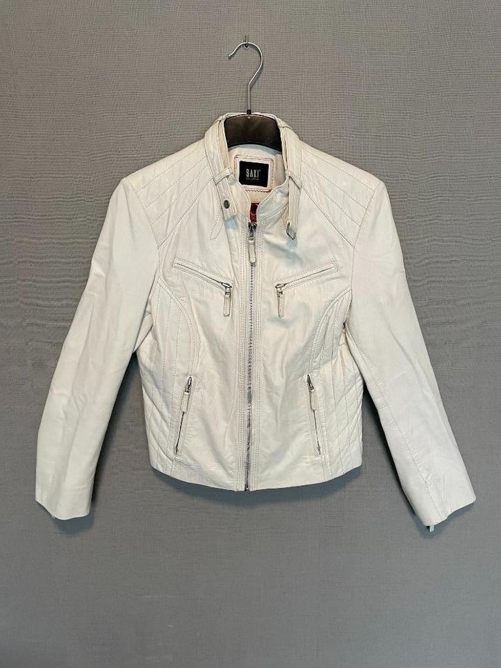 Witte lederen jas van Saki (M/38), Kleding | Dames, Jassen | Zomer, Gedragen, Maat 38/40 (M), Wit, Ophalen of Verzenden