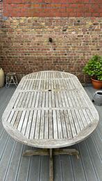 Grote teak tuintafel met 10 stoelen, Ophalen, Gebruikt, Teakhout