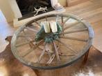 Salontafel karrenwiel met glazen blad, Huis en Inrichting, Tafels | Salontafels, Ophalen, Gebruikt, 50 tot 75 cm, Rond