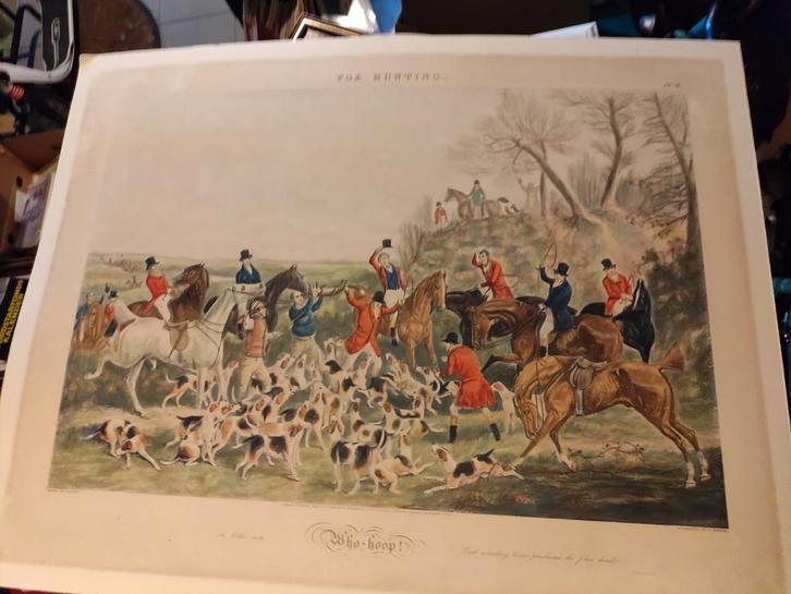 1844 - hele grote Engelse jachtgravure in kleur, Antiek en Kunst, Kunst | Etsen en Gravures, Ophalen of Verzenden