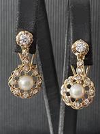 18 karaat gouden oorbellen met diamanten en parel, Avec pierre précieuse, Or, Utilisé, Enlèvement ou Envoi