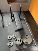 Bench press bankje met olympische barbell + 100 kg gewichten, Sport en Fitness, Fitnessmaterialen, Ophalen, Zo goed als nieuw
