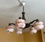 Antieke plafond lamp - art deco brons houten kroonluchter, Enlèvement ou Envoi, Comme neuf, Verre, Art deco