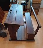 Pupitre d’écolier ancien en bois massif avec banc intégré, Ophalen