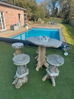 Bartafel en 4 krukken in hard hout indonesische stijl, Ophalen, Zo goed als nieuw