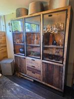 Vintage oud hout vitrinekast 190 cm breed € 1595.-, Huis en Inrichting, Kasten | Vitrinekasten, Ophalen, 200 cm of meer, 150 tot 200 cm