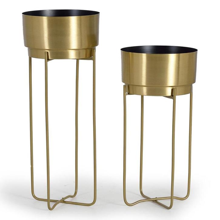 Nieuwe set van 2 bloempotten vaas goud plantenbak op voet, Tuin en Terras, Bloempotten, Nieuw, Metaal, Binnen, Balkon, 70 cm of meer