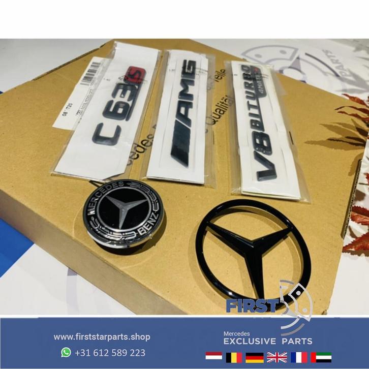 W205 C205 C63 S BITURBO 4MATIC AMG LOGO SET ZWART EMBLEMEN M, Auto-onderdelen, Carrosserie, Mercedes-Benz, Gebruikt, Ophalen of Verzenden