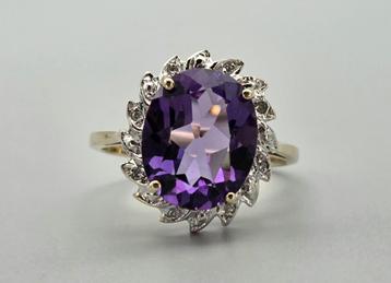 Gouden Vintage ring edelsteen amethist en diamant.2025/680 beschikbaar voor biedingen