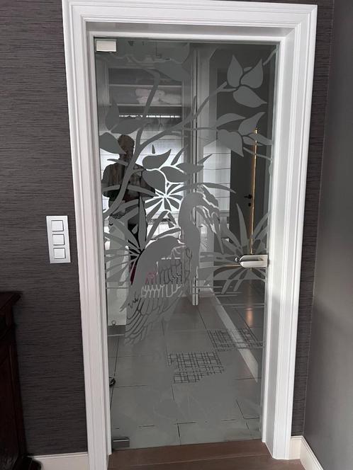 Glazen binnendeur met gezandstraalde reiger, Doe-het-zelf en Bouw, Deuren en Vliegenramen, Zo goed als nieuw, Binnendeur, 200 tot 215 cm