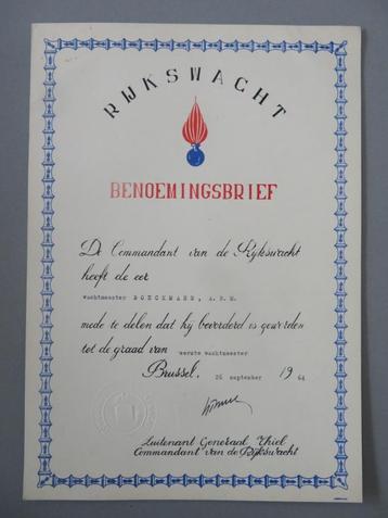 benoemingsbrief Rijkswacht 1964  beschikbaar voor biedingen