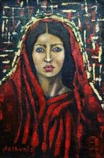 "Portret van een meisje in een rode sjaal" Schilderij, Antiek en Kunst, Verzenden
