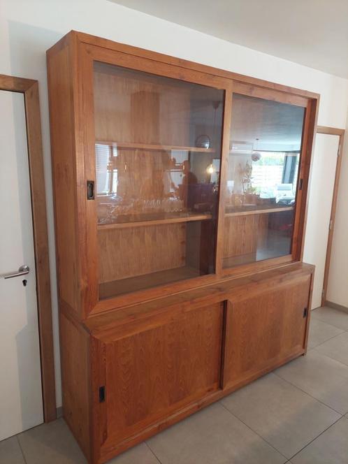 Vitrinekast in teak, Huis en Inrichting, Kasten | Vitrinekasten, Gebruikt, 200 cm of meer, 150 tot 200 cm, 25 tot 50 cm, Met deur(en)