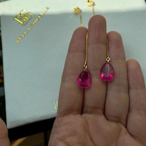Oorbellen half edelsteen kristal verguld 18k goud, Handtassen en Accessoires, Oorbellen, Nieuw, Hangers, Roze, Met kristal, Ophalen of Verzenden