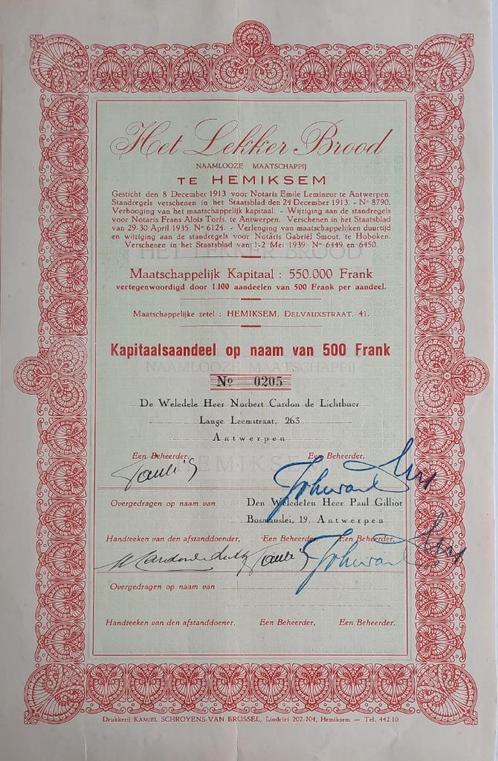 Het lekker Brood - Hemiksem - aandeel op naam Norbert Cardon, Postzegels en Munten, Aandelen en Waardepapieren, Certificaat van aandeel